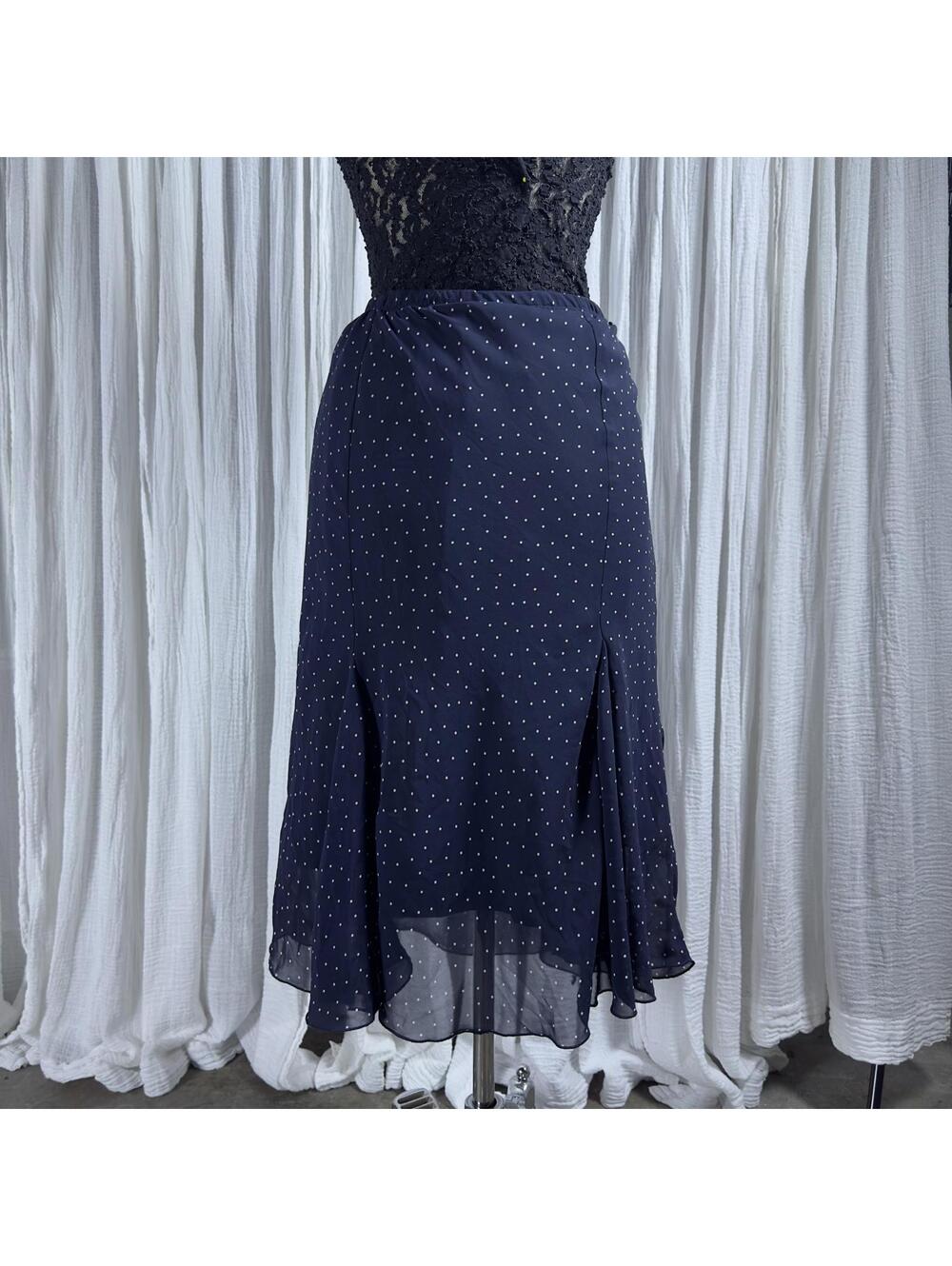 Y2K Preppy Fairy Navy Blue Polka Dot Pleated Midi Skirt (10)